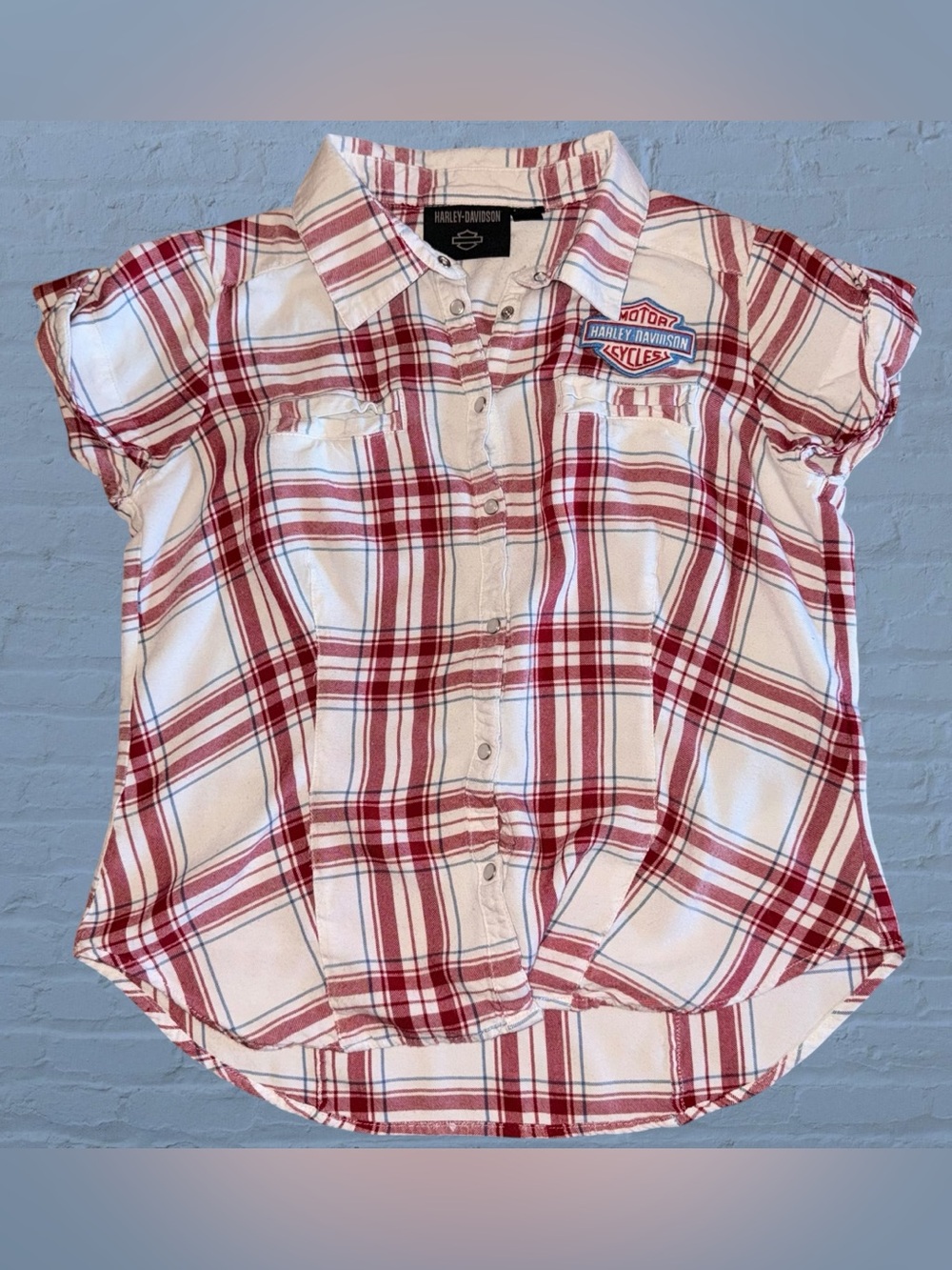 Harley-Davidson Women's Large Collared Red White & Blue Plaid Button-Up Shirt
